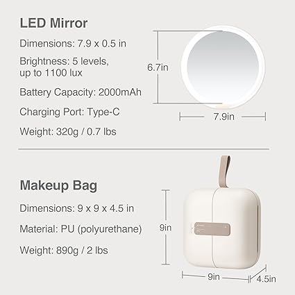 AMIRO M2 Travel Cosmetic Bag with 5 levels of brightness and 3-color LED mirror